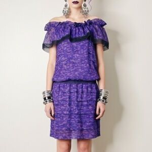 THAKOON Purple Leopard Silk Off The Shoulder Tiered Ruffle Dress